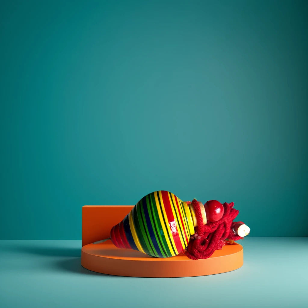 Colorful striped wood and red rope toy on an orange stand against a teal background