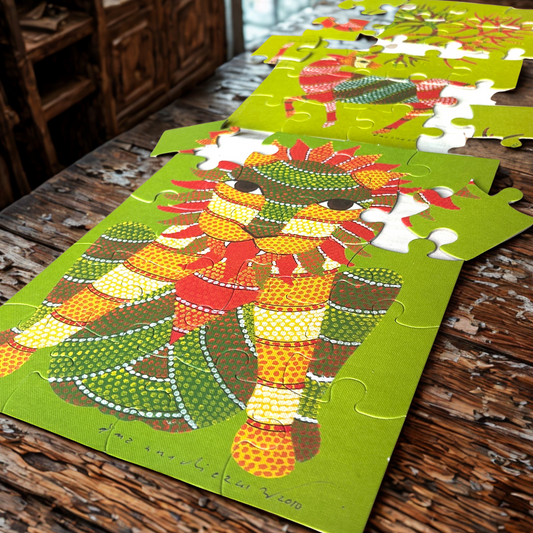 Colorful lion and hangul deer puzzle on a wooden table