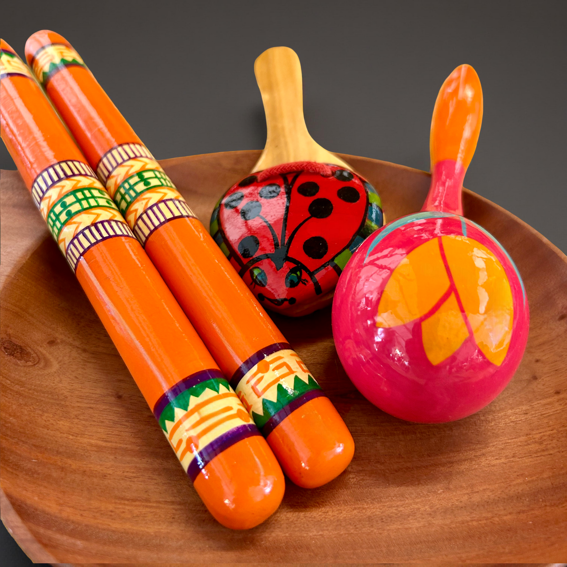 Colorful wooden maraca + wooden castanet + wooden claves
