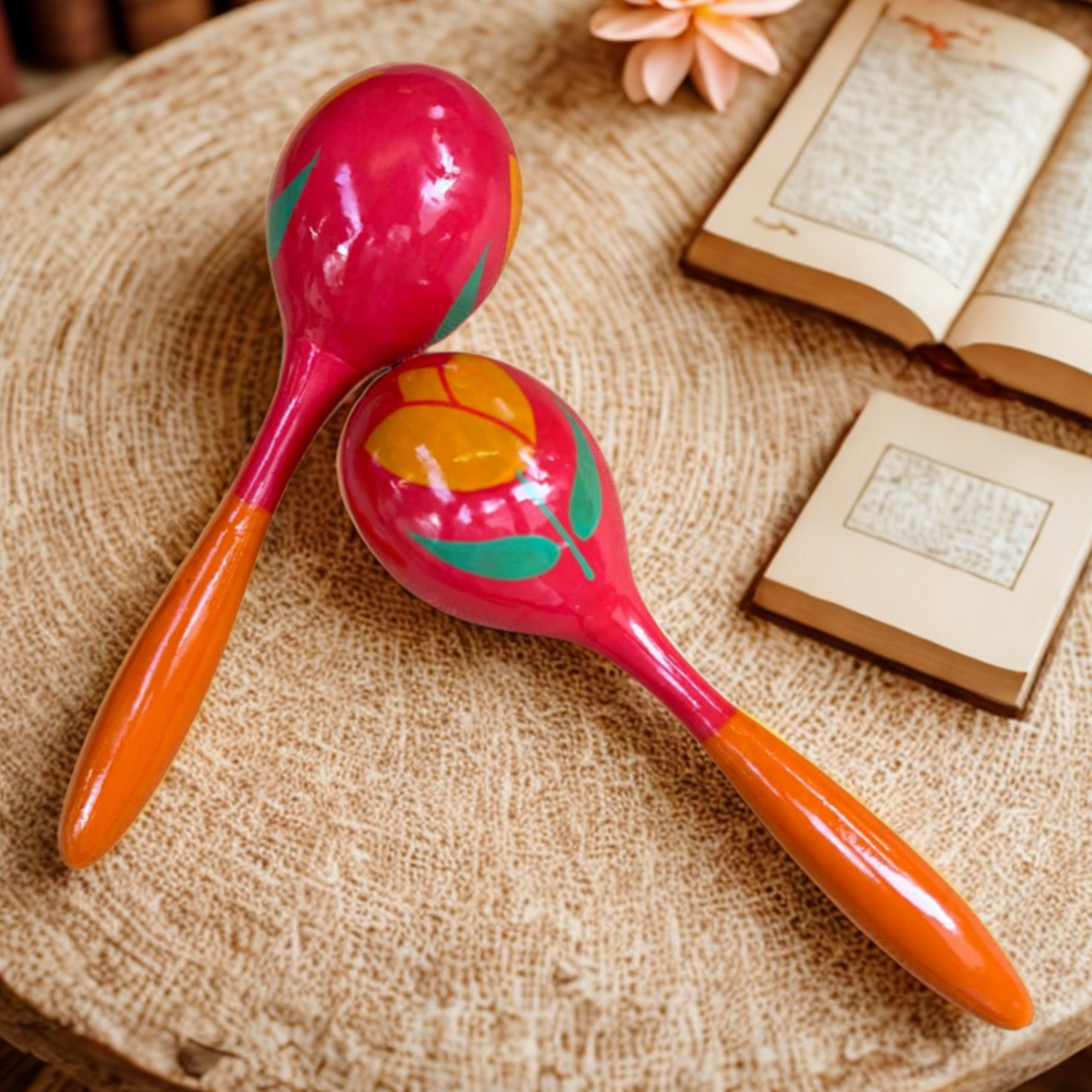 Two pink maracas with orange handles on a textured surface next to an open book.